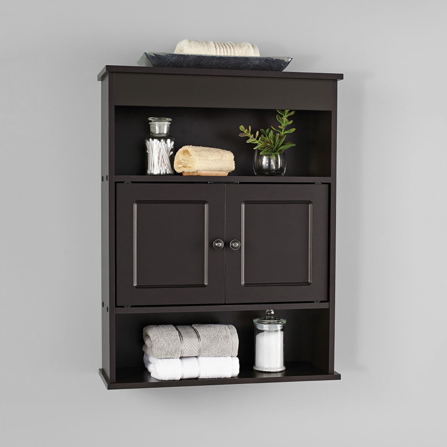 Bathroom Cabinet Wall Mount Storage With Two Open Shelves Wooden Espresso