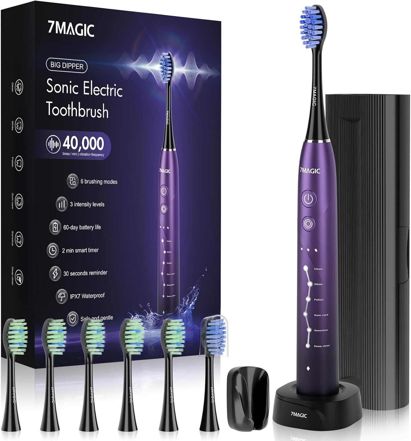 Electric Toothbrush for Adults, Sonic Toothbrush with 6 Mode & 3 Intensity, 40000 VPM Deep Clean Toothbrush with 6 Brush Heads & Travel Case, Wireless Charging, 60 Days Battery Life, 2-Min Smart Timer