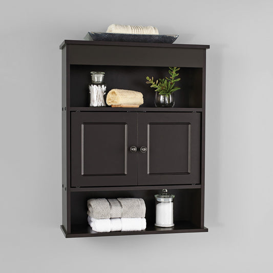 Bathroom Cabinet Wall Mount Storage With Two Open Shelves Wooden Espresso