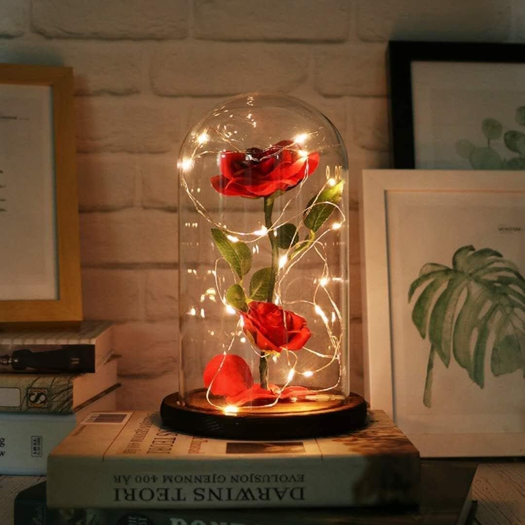URBANSEASONS Valentines Day Gifts for Her,Valentines Rose Flowers for Women,Valentines Gifts for Wife,Valentines Day Gifts for Mom Girlfriend Grandma_Beauty and The Beast Rose Flowers in Glass Dome