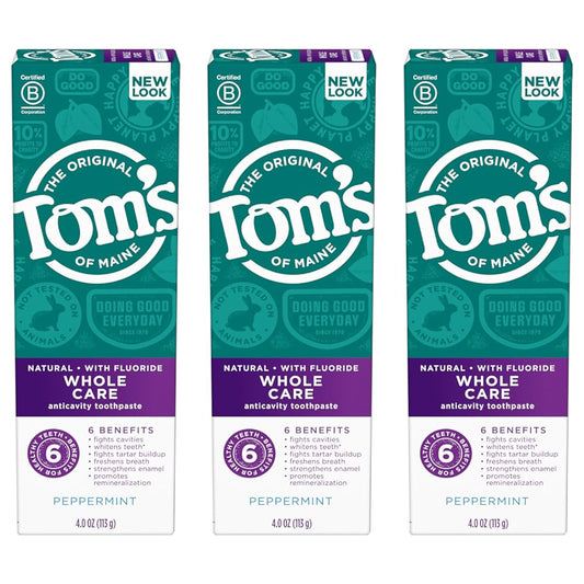 Tom's of Maine Whole Care Natural Toothpaste with Fluoride, Peppermint, 4 oz. 3-Pack (Packaging May Vary)