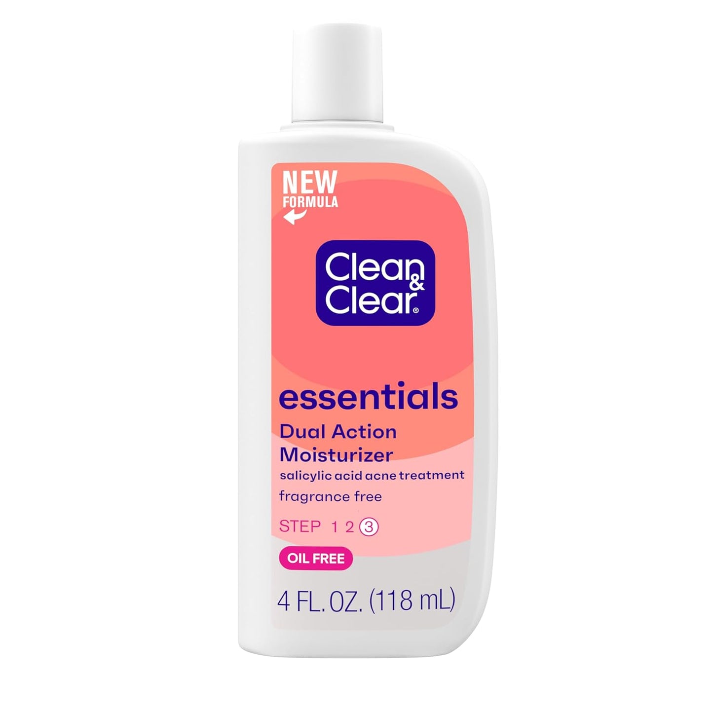 Clean & Clear Essentials Dual Action Oil-Free Facial Moisturizer, Salicylic Acid Acne Treatment with Pro-Vitamin B5 Moisturizes While Treating Acne & Helping to Prevent Pimples, 4 fl. Oz (Pack of 3)