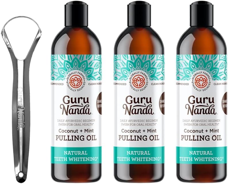 GuruNanda Coconut Oil Pulling with 7 Essential Oils and Vitamin D3, E, K2 (Mickey D), Helps with Fresh Breath, Teeth & Gum Health & More (3x8 fl oz)