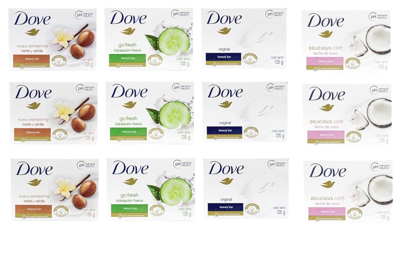 Dove, Beauty Bar Soap Variety Pack of 12, Go Fresh, Shea Butter, Coconut Milk, White - 135g