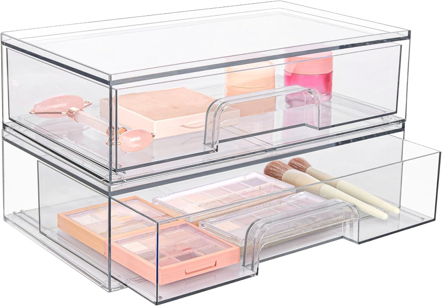 Vtopmart 12''W Clear Stackable Storage Drawers,2 Pack Acrylic Plastic Organizers Bins for Makeup Palettes, Cosmetics, and Beauty Supplies,Ideal for Vanity, Bathroom,Cabinet,Desk Organization