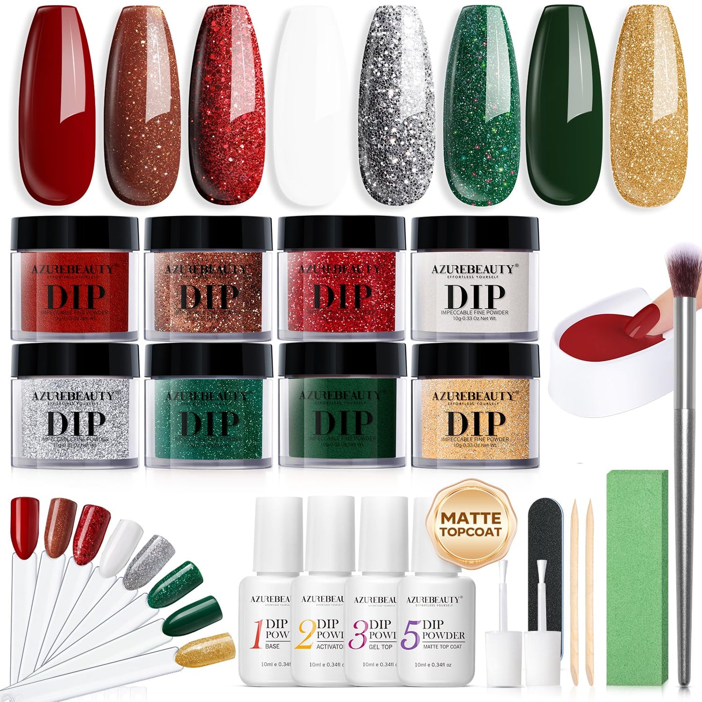 AZUREBEAUTY 30Pcs Dip Powder Nail Kit Starter, 8 Colors Green Red Gold Silver White with Nail Swatch Sticks, Nail Art Liquid Set with Matte/Base/Top Coat Activator for French Manicur