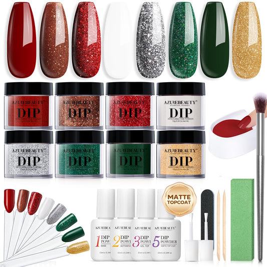 AZUREBEAUTY 30Pcs Dip Powder Nail Kit Starter, 8 Colors Green Red Gold Silver White with Nail Swatch Sticks, Nail Art Liquid Set with Matte/Base/Top Coat Activator for French Manicur