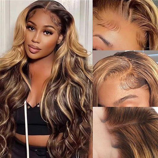 CANDEAS Honey Blonde Hd Lace Front Wig Human Hair 4/27 Highlight Ombre Body Wave Lace Front Wigs Human Hair Pre Plucked 13X4 Hd Transparent Lace 180 Density 18 Inch