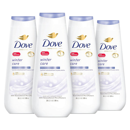 Dove Limited Edition Body Wash Winter Care 4 Count for Renewed, Healthy-Looking Skin with 24hr Renewing MicroMoisture Gentle Skin Cleanser Instantly Moisturizes Dry Skin 20 oz