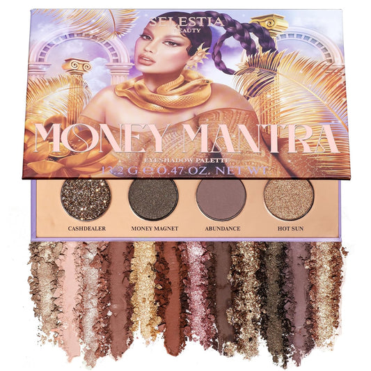 SELESTIA BEAUTY Makeup Eyeshadow Palette Money Mantra - 12 Blendable Shades with Matte, Satin, Shimmer and Glitter Finishes - High Pigmented Eye Shadow Palette, 0.47 oz - Valentine's Day Gifts