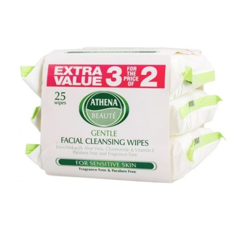 Athena Gentle Facial Cleansing Wipes, For Sensitive Skin, 25 Count, 3 Pack
